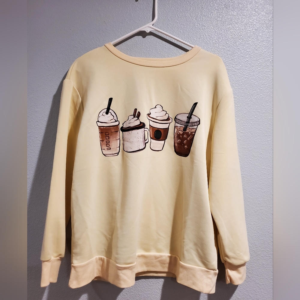 Womens Shein Curve Coffee Themed Pullover Sweatshirt Beige OXL
